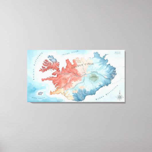 アイスランドのゴールデンサークルのパステル水彩地図 キャンバスプリント (正面)
