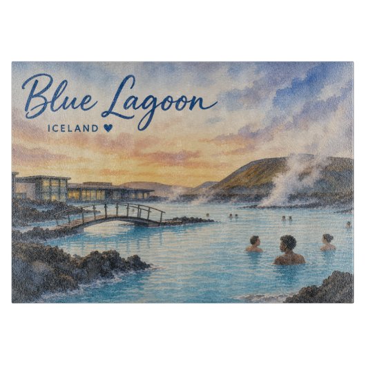 アイスランドのブルーラグーン温泉の水彩画  カッティングボード (正面)