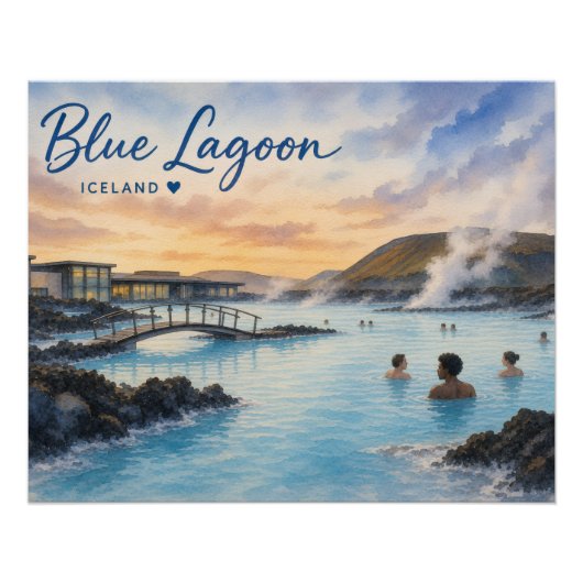 アイスランドのブルーラグーン温泉の水彩画  ポスター (正面)