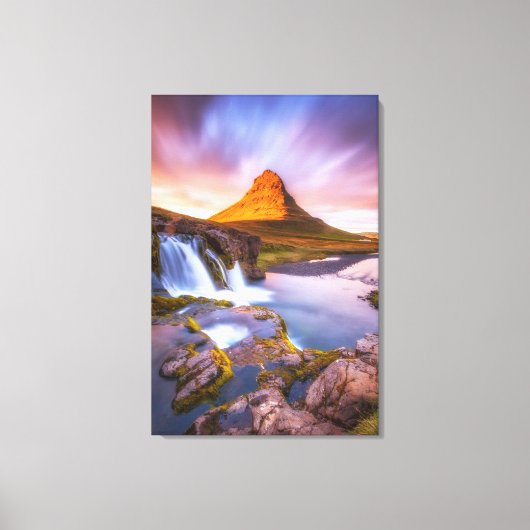 アイスランドの夕日、美しい風景と滝 キャンバスプリント (正面)