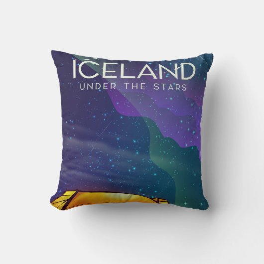アイスランドの星空の下 ヴィンテージな旅行ポスター クッション (正面)