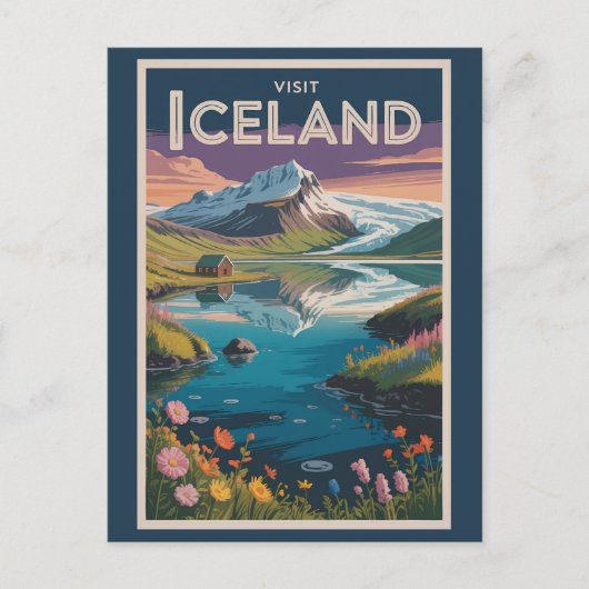 アイスランドの絵画的イラストの旅行アート ビンテージ ポストカード (正面)
