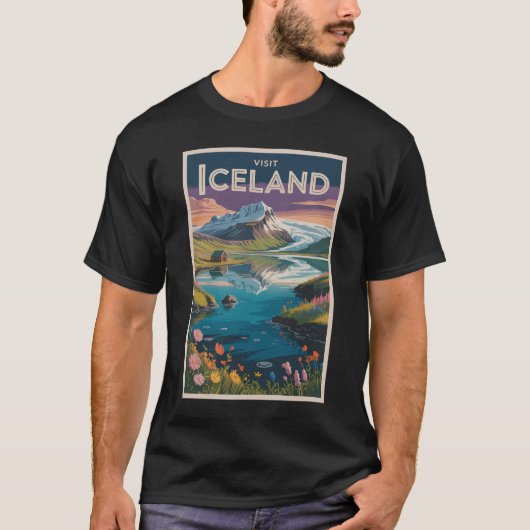 アイスランドの絵画的イラストの旅行アート ビンテージ Tシャツ (正面)