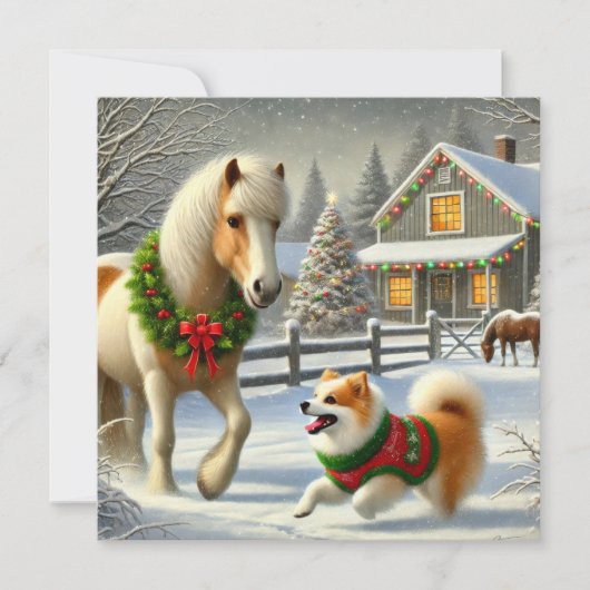 アイスランドの馬と犬のクリスマスカード シーズンカード (正面)
