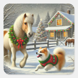 アイスランドの馬と犬のクリスマスステッカー スクエアシール