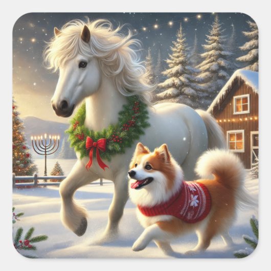 アイスランドの馬と犬のホリデーステッカー スクエアシール (正面)