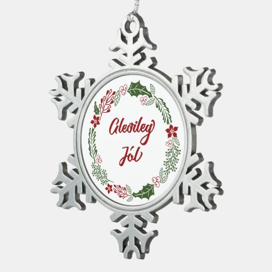 アイスランドメリークリスマスリースグリニージョル スノーフレークピューターオーナメント (右)