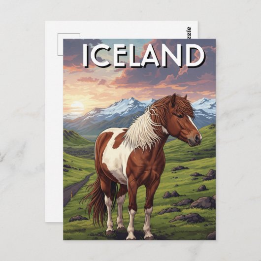 アイスランド旅行でアイスランドの馬 ポストカード (正面/裏面)