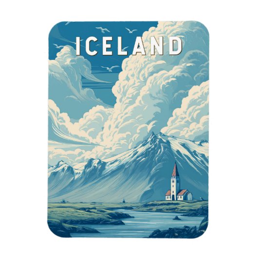 アイスランド イラスト 旅行 アート ヴィンテージ マグネット (縦)