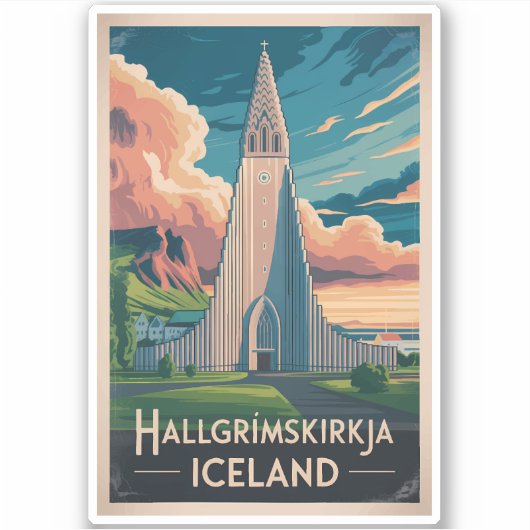 アイスランド ハゥルグリムス教会 イラスト 旅行 アート シール (正面)
