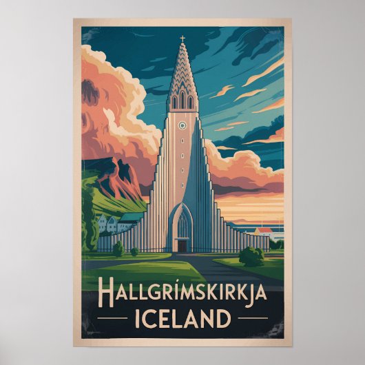 アイスランド ハゥルグリムス教会 イラスト 旅行 アート ポスター (正面)