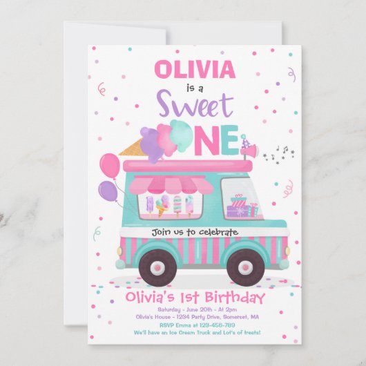 アイス クリーム スイート ワン バースデー アイス クリーム トラック 招待状 (正面)