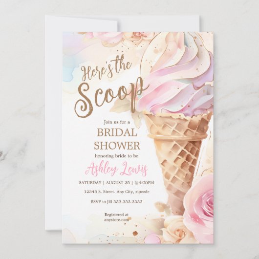 アイス・クリーム 水彩 花 アイス・クリーム・コーン 招待状 (正面)