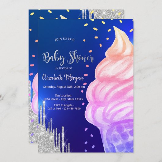 アイス コーンのコンフェッティ ロイヤル ブルー ベビー シャワー 招待状 (正面/裏面)