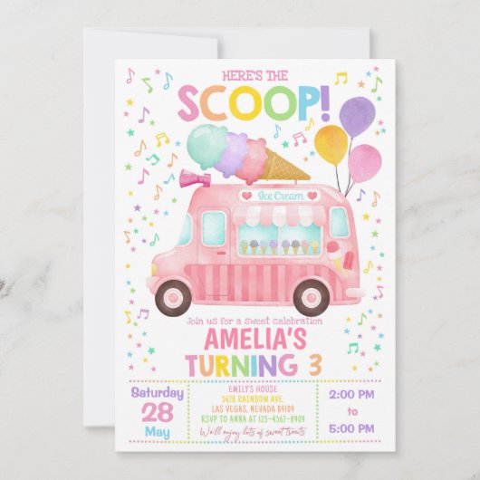 アイス・トラックの誕生日招待状 女の子 1歳の誕生日 招待状 (正面)