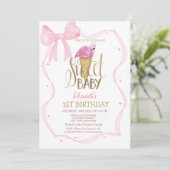 アイス+ピンクフラミンゴ+リボン+ボーダー  誕生日 招待状 (スタンド正面)
