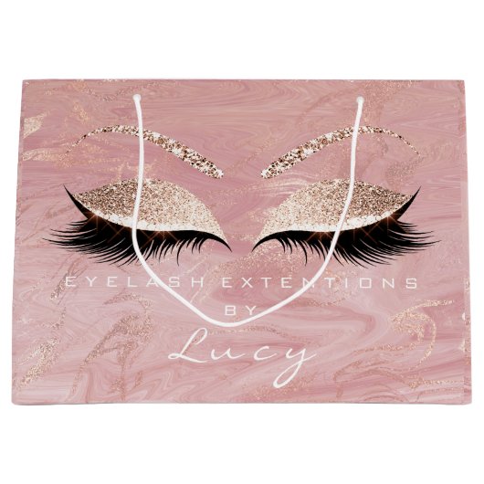 アイズラッシュメイクアップブライダル名グリッターピンクマーブル ラージペーパーバッグ (正面)