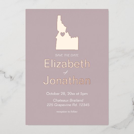 アイダホ地図の宛先ウェディング日付を保存バラ 箔招待状 (正面)