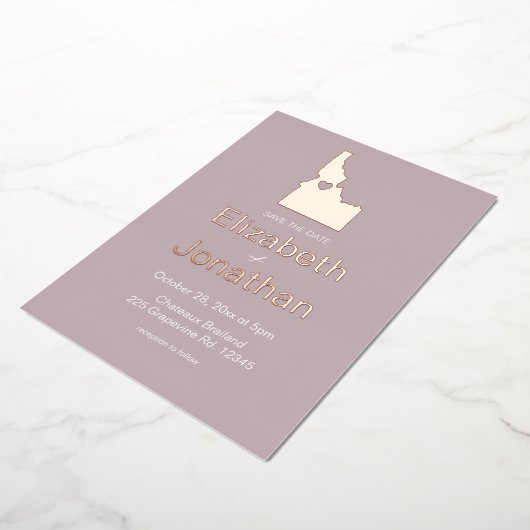 アイダホ地図の宛先ウェディング日付を保存バラ 箔招待状 (回転した状態)