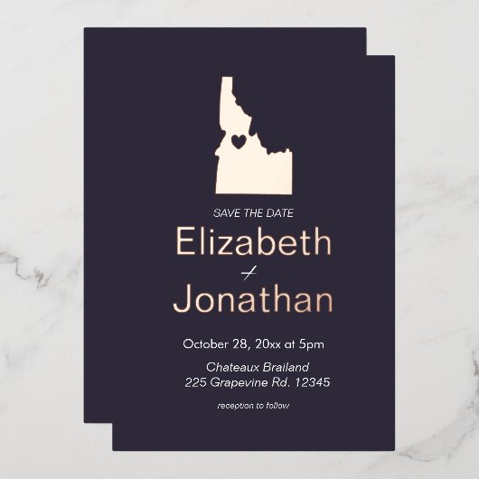 アイダホ地図の宛先ウェディング日付を保存バラ 箔招待状 (正面/裏面)