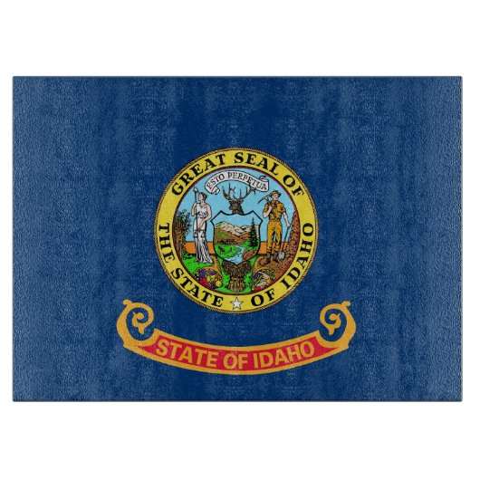 アイダホ州旗を持つガラス製の州板 カッティングボード (正面)