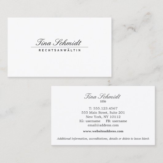 アイヌファシェエレガンテレシュサンワルトWeibs Visitenkarte 名刺 (正面/裏面)