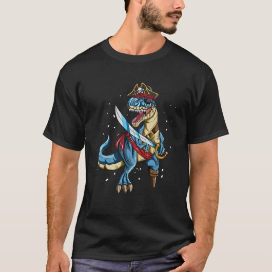 アイパッチPegレッグとサバーピラを備えたTレックス海賊 Tシャツ (正面)