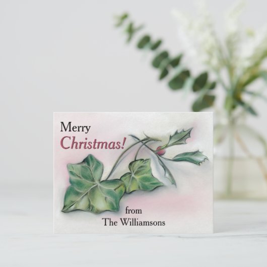 アイビーとホリーのパーソナライズされたクリスマス シーズンポストカード (スタンド正面)