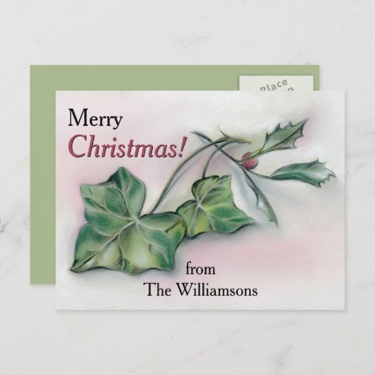 アイビーとホリーのパーソナライズされたクリスマス シーズンポストカード (正面/裏面)