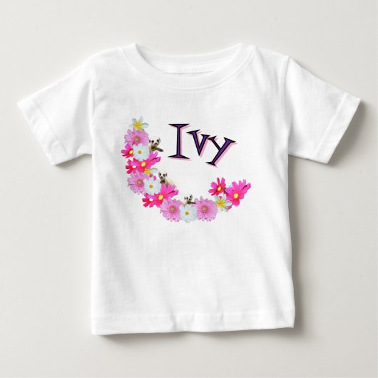 アイビー名前の赤ちゃんミーアカット花の花輪付き ベビーTシャツ (正面)