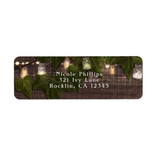 アイビー&ストリングライツメイソンジャー素朴招待状 ラベル (正面)