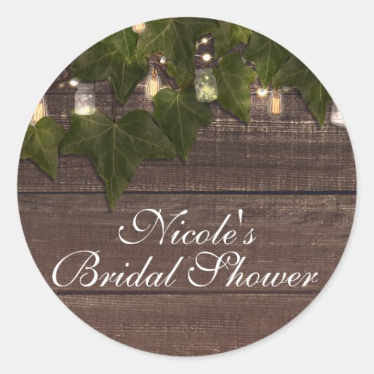 アイビー&ストリングライト メイソンジャー ラスティック パーティーフェイバー ラウンドシール (正面)