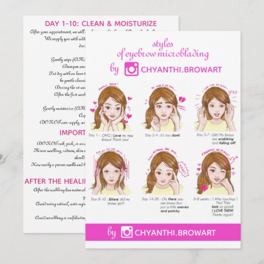 アイブロウマイクロブレーディングアフターケア説明 ピンク 招待状 (正面/裏面)