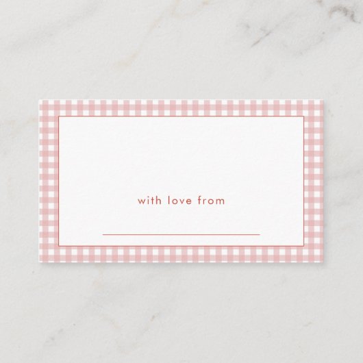 アイベアのピンクのギンガムアップル表示ベビーシャワー エンクロージャーカード (裏面)