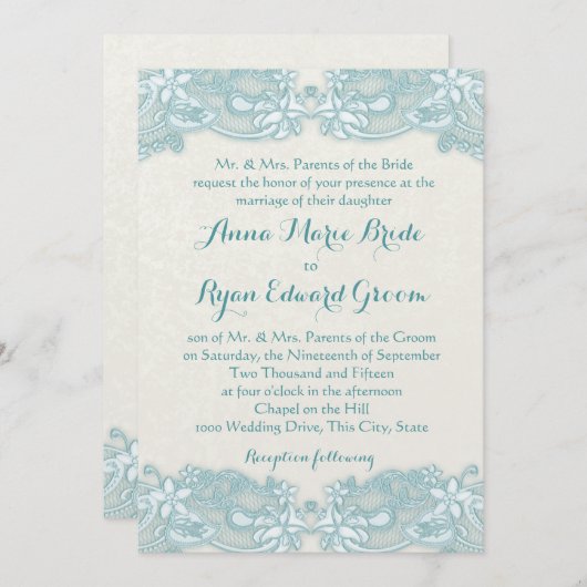 アイボリーおよび水のヴィンテージの花柄 招待状 (正面/裏面)
