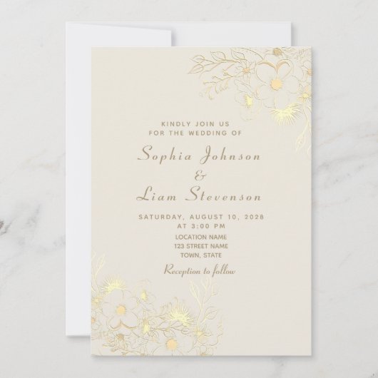 アイボリーおよび金ゴールドヴィンテージ結婚フローラ 招待状 (正面)