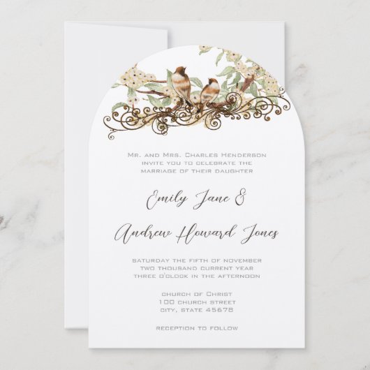 アイボリーさくらんぼヴィンテージラブバード結婚ズ 招待状 (正面)