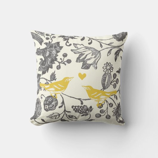 アイボリーとイエローグレーヴィンテージフローララブバード クッション (正面)