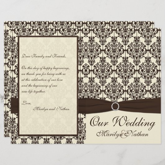 アイボリーとエスプレッソダマスク結婚式プログラム (正面/裏面)