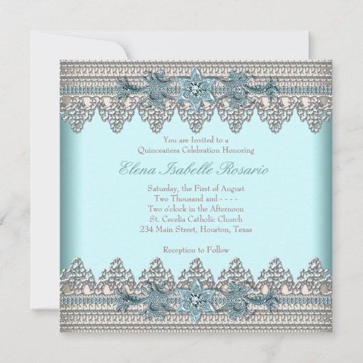 アイボリーとエレガントティール（緑がかった色）ブルーキンセアニェラ 招待状 (裏面)