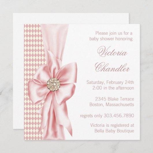 アイボリーとエレガントピンクの赤ちゃんガールシャワー 招待状 (正面/裏面)