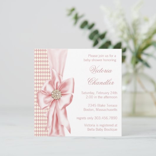 アイボリーとエレガントピンクの赤ちゃんガールシャワー 招待状 (スタンド正面)