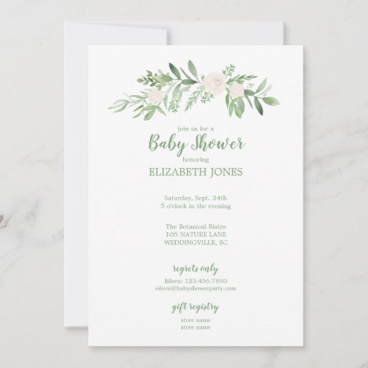 アイボリーとグリーンエレガントフローラベビーシャワー 招待状 (正面)