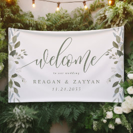 アイボリーとセージのエレガントなフラワーの結婚式ウェルカム 横断幕