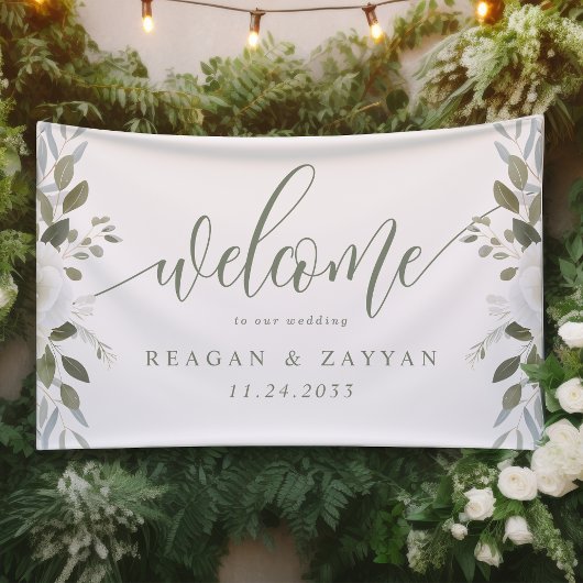 アイボリーとセージのエレガントなフラワーの結婚式ウェルカム 横断幕