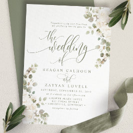 アイボリーとセージのエレガントなフラワーの結婚式 招待状