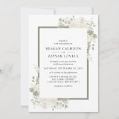 アイボリーとセージのエレガントな花フレームの結婚式 招待状 (正面)