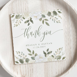 アイボリーとセージのフラワーモチーフの結婚式サンクスカード サンキューカード