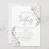 アイボリーとセージの chic エレガント フラワー ウェディング 招待状 (正面)