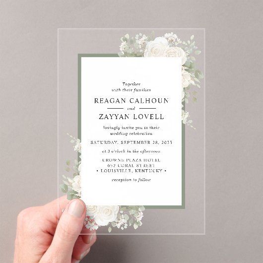 アイボリーとセージエレガントフローラフレ結婚ーム アクリル招待状 (インサイチュ (ポータブル))